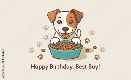 A cute dog is happily celebrating its birthday with food. The bowl is full of treats, capturing the love and joy of pet companionship during special occasions.