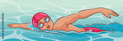 A swimmer performs the freestyle stroke, showcasing great technique and movement in a vibrant blue swimming pool with splashes and ripples all around them, emphasizing dynamism.