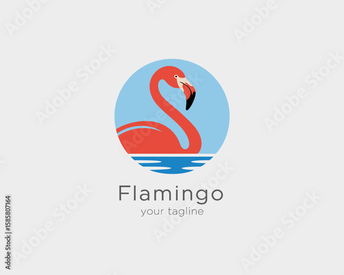 This artistic depiction features a vibrant flamingo against a tranquil water background, showcasing its elegance and charm, perfect for use in branding or decorative purposes.