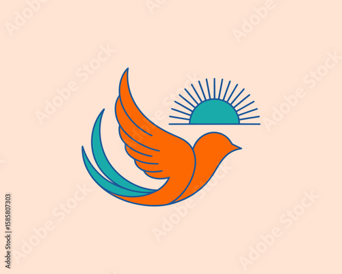 An illustrative design of a colorful bird in flight with a rising sun, representing freedom, hope, and new beginnings, suitable for projects focused on positivity and inspiration.