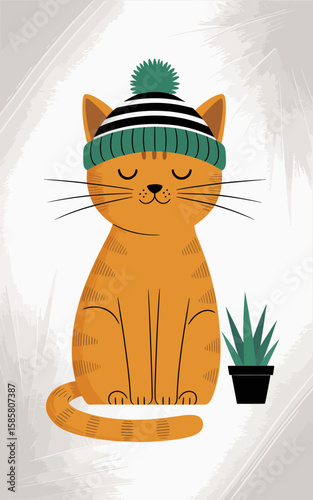 A cute illustration of a relaxed cat with a striped hat next to a green plant, evoking warmth and comfort, perfect for pet lovers and home decor enthusiasts.