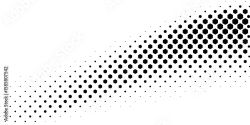 Hexagon halftone gradient texture. Abstract black and white spotted grunge background. Geometric retro tech wallpaper. Fading wavy hexagonal pattern backdrop. Vector vanishing honeycomb grunge overlay