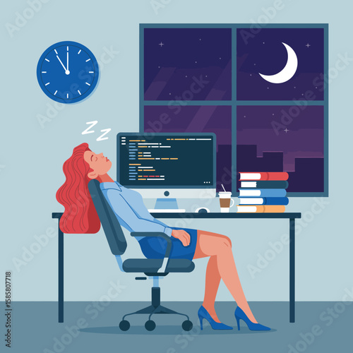 A woman dozing off at her computer desk amidst stacks of books and a cozy atmosphere, exemplifying the struggles of balancing work and rest in modern life.