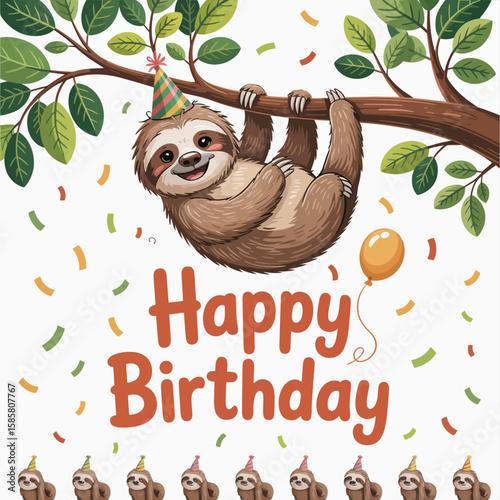 This whimsical illustration features a cheerful sloth hanging from a branch, adorned with a birthday hat, surrounded by colorful confetti and a festive atmosphere, perfect for celebrations.