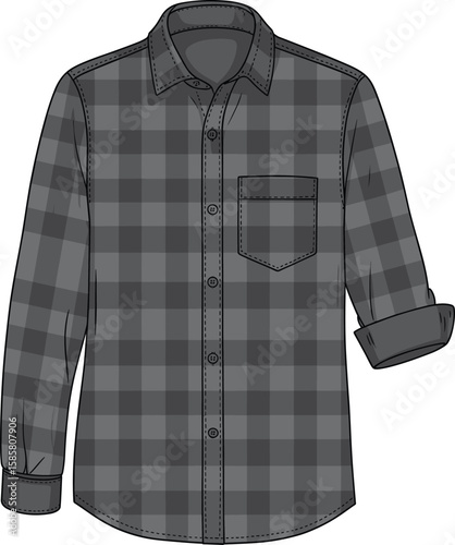 CAD drawing flat vector illustration of long sleeve plaid shirt, rolled sleeve detail, button front, pocket design, stylish fashion garment