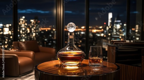 Whiskey decanter and glass with city night view