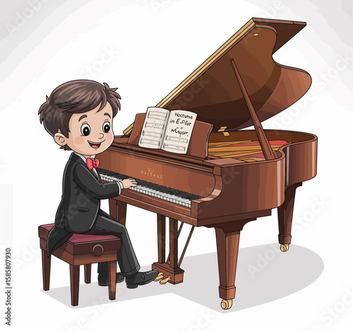 A young boy dressed in formal attire plays the piano with enthusiasm during a recital, showcasing his talent and passion for music in an engaging performance setting.