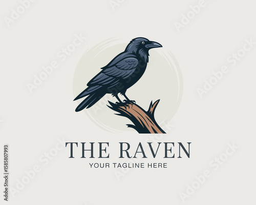 A detailed illustration of a raven perched on a tree stump, embodying mystery and wisdom, ideal for literary themes or artistic interpretations of the enigmatic bird.