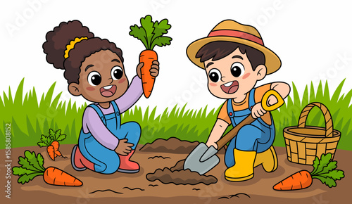 Two cheerful children, a boy and a girl, digging in the garden with smiles, showcasing the joy of harvesting carrots, connecting with nature and celebrating teamwork.