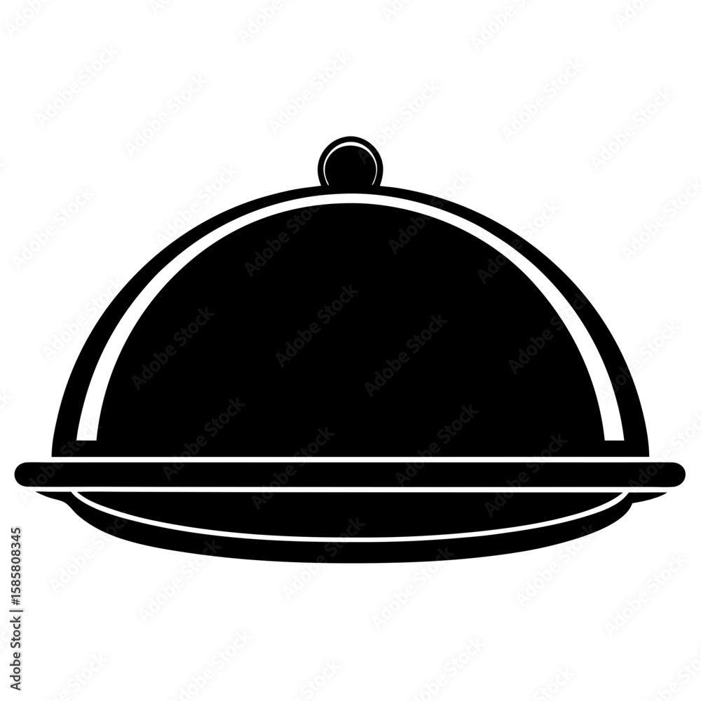 Obraz premium A black serving cloche with a handle, covering a dish on a plate, isolated on white