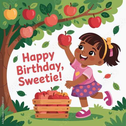 A joyful girl picking apples under a tree for her birthday celebration, symbolizing childhood innocence, joy, and the charm of nature-filled birthdays with friends.