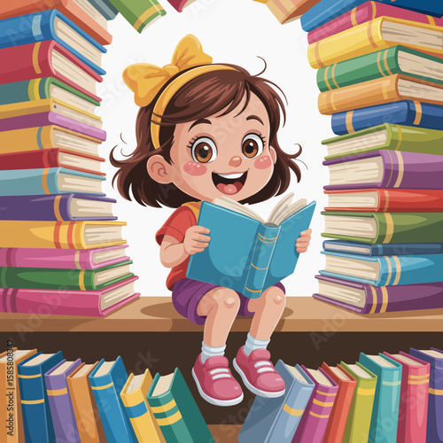 An engaging image of a joyful girl reading a blue book while sitting on a shelf surrounded by colorful books, promoting the joy of reading and the magic of exploration in stories.