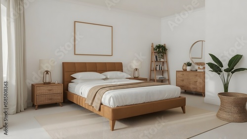 Modern Minimalist Beige Bedroom Interior: Tan Leather Bed, Wooden Accents, and Neutral Decor.