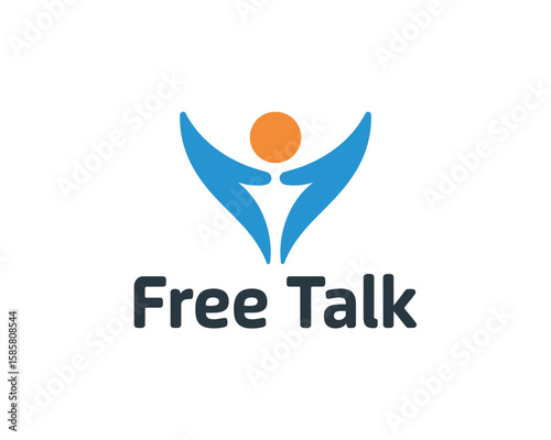 A vibrant, modern logo representing 'Free Talk' with playful figures and warm colors, symbolizing open communication and connection among individuals enjoying conversation.