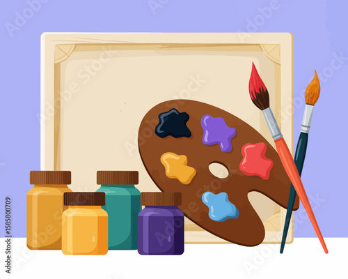 The image showcases a vibrant color palette, brushes, and a blank canvas, symbolizing the creativity and inspiration involved in the process of painting and artistic expression.