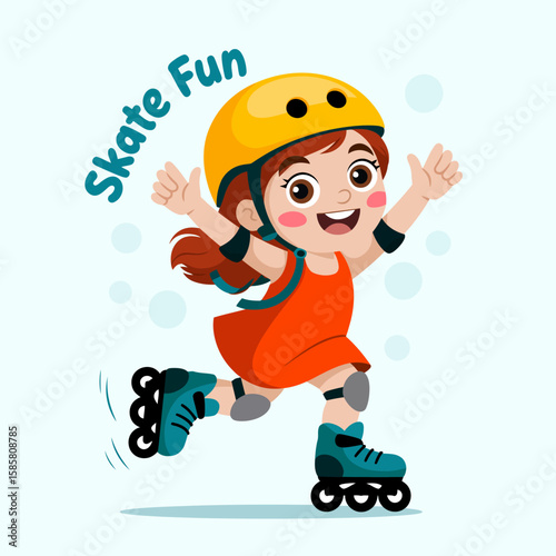 A joyful girl wearing a helmet and roller skates enjoys skating outdoors, radiating happiness and fun, embodying the spirit of youth and adventure in a colorful outfit.