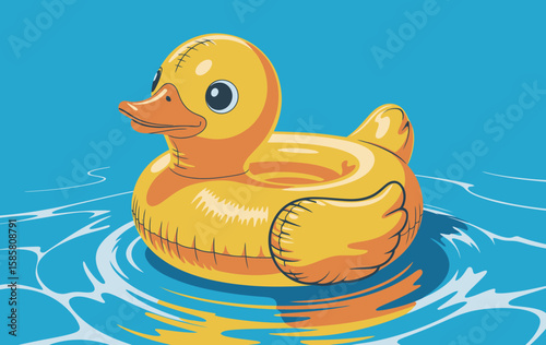 A cheerful yellow rubber duck floats playfully on the water surface, evoking feelings of childhood, joy, and carefree moments in a vibrant summer setting with bright colors.