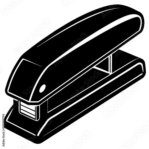A modern black stapler, a common office tool for binding papers, isolated on white