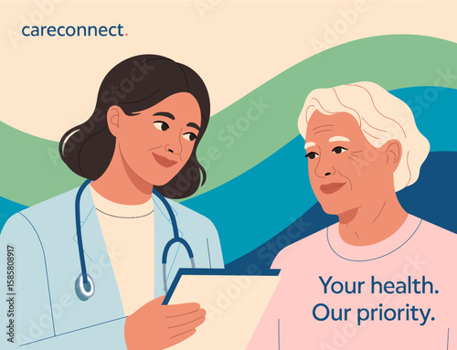 An illustration depicting a healthcare professional assisting an elderly woman, symbolizing compassion, care, and the importance of healthcare in community well-being.