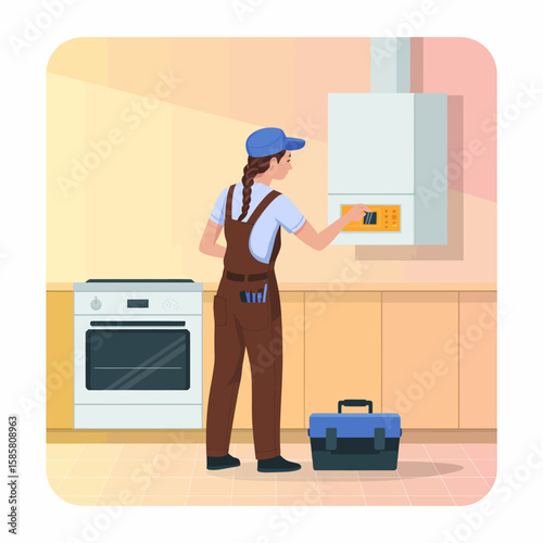 A skilled female technician in overalls adjusts the settings on a boiler system, showcasing women's empowerment and professionalism in traditionally male-dominated fields.