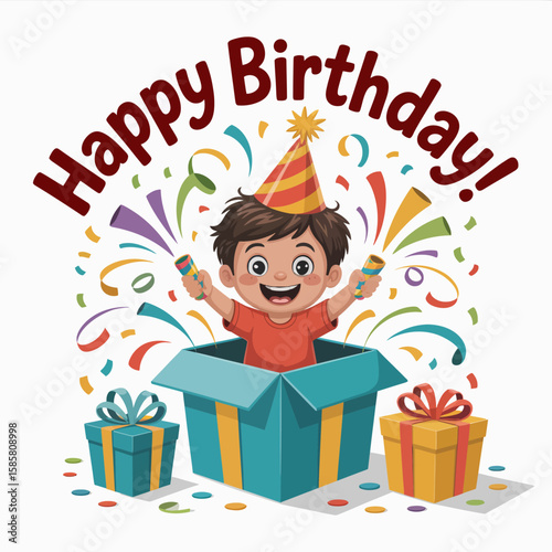 This lively illustration captures the joyful spirit of a birthday celebration, featuring a child emerging from a colorful gift box amidst confetti and festive elements, evoking happiness.
