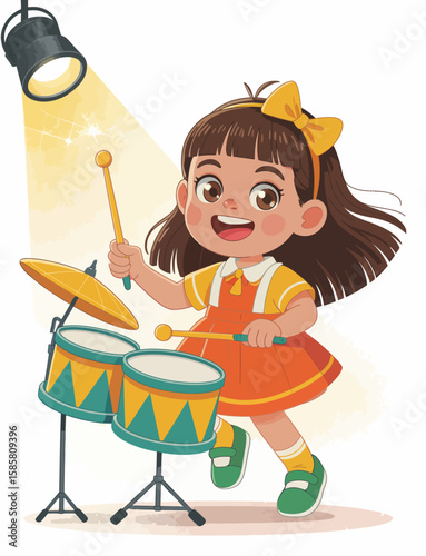 This illustration depicts a cheerful young girl enjoying a moment of music as she energetically plays her colorful drum set under a spotlight, radiating joy and enthusiasm.