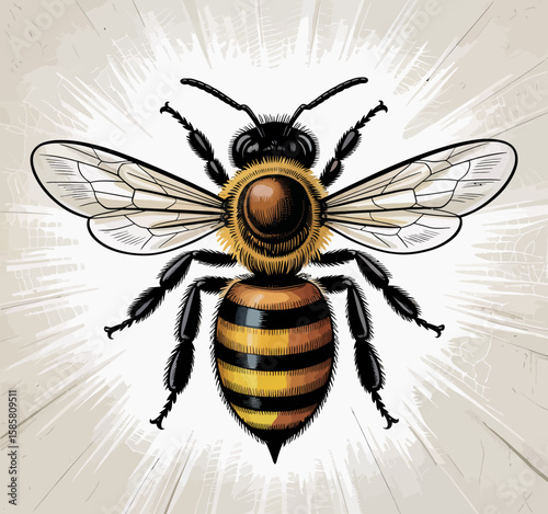This intricate bee illustration showcases detailed anatomy and vibrant colors, making it perfect for projects focusing on nature, pollinators, or eco-friendliness.