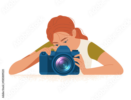 In this vibrant image, a young woman is leaning into her camera, concentrating on capturing the perfect shot that reflects her passion for photography and creativity.