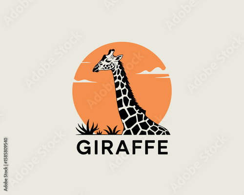 This captivating logo features a stylized giraffe silhouette against a vibrant sunset, perfect for branding in nature-related fields or wildlife conservation.