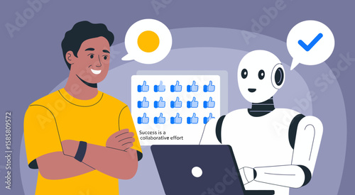 An engaging illustration showing a person interacting with a friendly robot, emphasizing collaboration, innovation, and the harmonious relationship between humans and technology.
