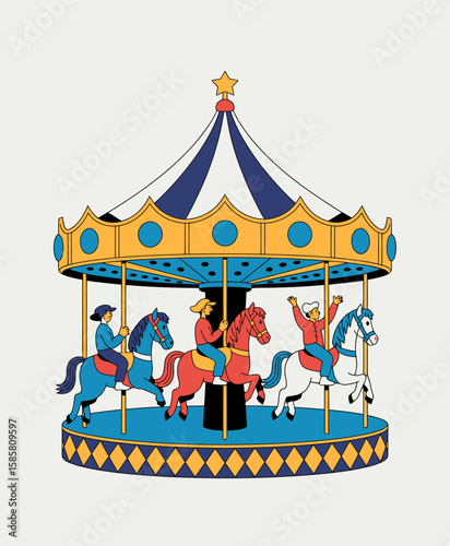 This vibrant image features a classic carousel with colorful horses, complete with joyful riders enjoying the whimsical atmosphere of a fairground setting.