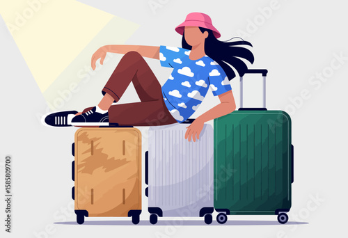 An artistic illustration of a trendy traveler lounging on top of three colorful suitcases, showcasing personal style and adventure spirit in a modern travel context.