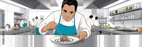 A skilled chef meticulously plates a gourmet dish in a bustling kitchen, showcasing culinary artistry and professional kitchen dynamics in a vibrant environment.