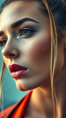 Extreme macro close-up professional photograph of a woman's face, highlighting her sleek ponytail, high cheekbones, and subtle makeup. Vivid, electric colors with sharp focus, soft contrast.