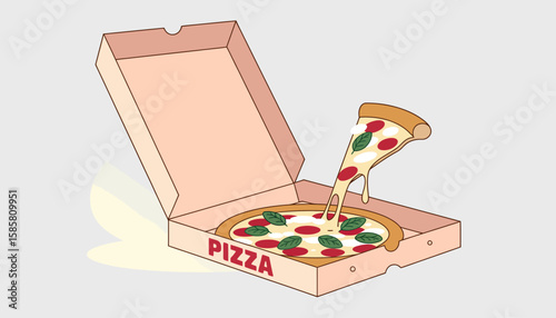 An appetizing pizza with fresh mozzarella, pepperoni, and basil leaves in an open box. Perfect for food lovers, showcasing deliciousness and culinary joy.