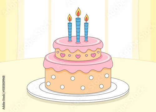 This delightful illustration features a beautifully decorated two-tier birthday cake with candles, evoking celebration and the joy of special occasions.