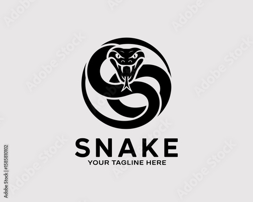 A modern and striking logo design featuring a stylized black snake inside a circular shape, perfect for branding or representing strength, mystery, and adaptability in a minimalist way.