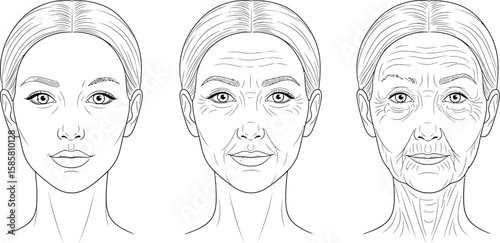 Faces showcase aging stages with wrinkles illustration