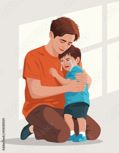 A heartfelt illustration of a parent comforting a crying child, capturing deep emotions of love, support, and connection in a warm and tender moment.
