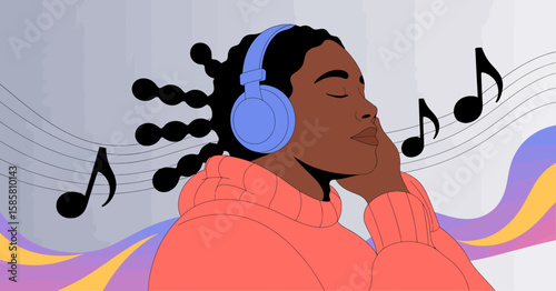 This vibrant illustration portrays a woman wearing headphones, lost in music, capturing a moment of relaxation and bliss amidst colorful musical notes, reflecting joy and creativity.