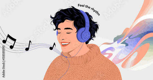 This illustration showcases a smiling young man wearing headphones, embodying the joy of listening to music and the power of rhythm that connects us all.