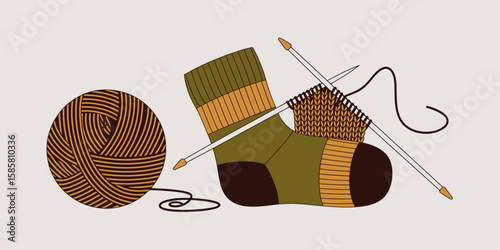An artistic depiction of a knitted sock in progress alongside a ball of yarn and knitting needles, illustrating the warmth and creativity of handmade craftsmanship.