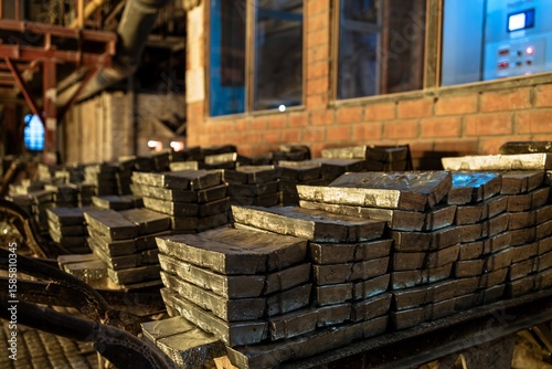 Zinc ingots at the factory. Metalworking industry.