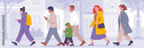A diverse group of individuals walks together in an urban setting, highlighting cultural variety and community dynamics while promoting connection and social interaction.