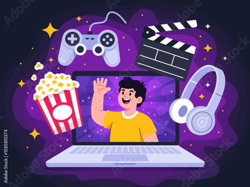 An eye-catching illustration showcasing gaming, movies, and fun, featuring essentials like popcorn and headphones, highlighting modern entertainment and media culture.