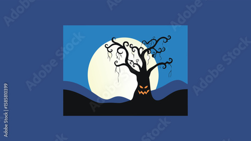 A halloween scene with a ghost, pumpkins, bats, trees, and tombstones in a spooky purple graveyard