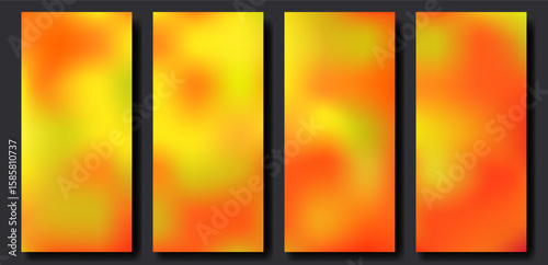 Autumn vertical background of bright orange and yellow gradient colors. Blurred foliage in sunny day. Empty vector template with copy space for roll up banner back, stories cover, mobile app screen.