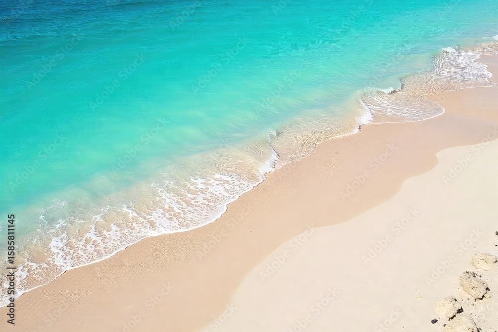 Obraz premium Fine, light-colored sand gently slopes down to meet the tranquil, turquoise ocean waves on a sunny day Perfect for travel, vacation, or coastal themed projects , seascape, beach, tropical
