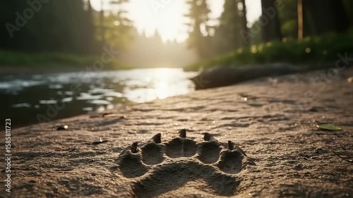 Bear paw print in sand at sunrise