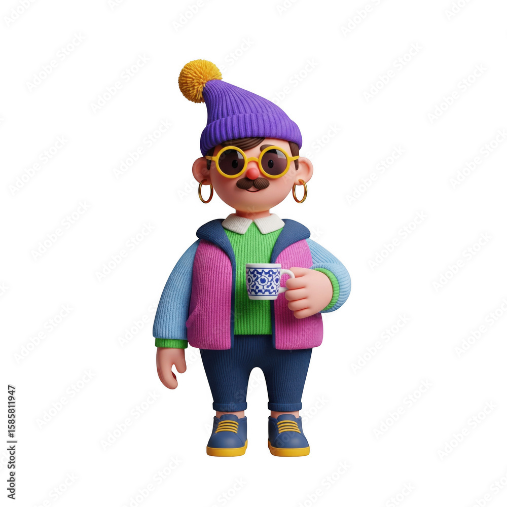 Stylized Character Holding Beverage Against a Stark Background, Rendered in 3D Stylized Character Holding Beverage Against a Stark Background, Rendered in 3D